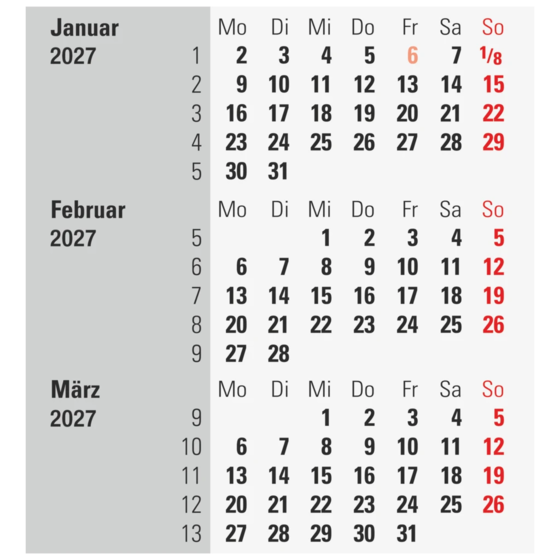 3-Monats-Tischkalender 2027 | 9×12 cm, rot/schwarz
