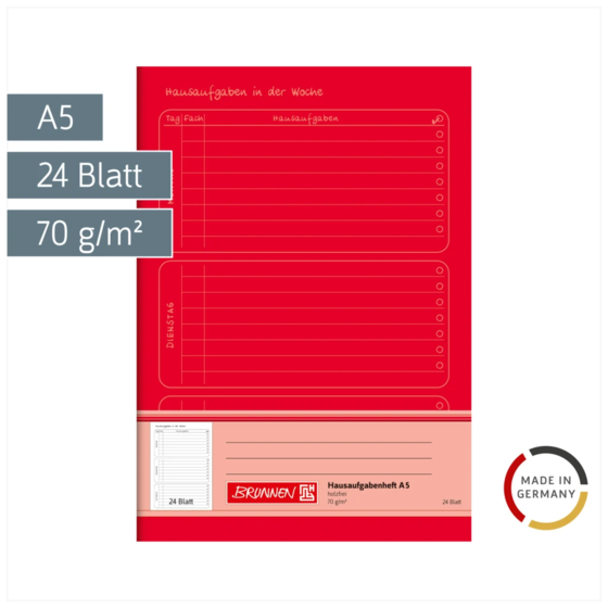 Hausaufgabenheft | A5, 24 Blatt, rot