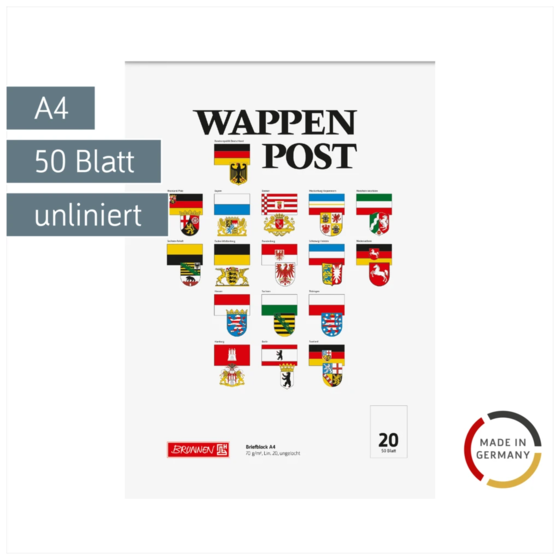 Briefblock „Wappen-Post“ | A4, Lineatur 20, 50 Blatt, mehrfarbig
