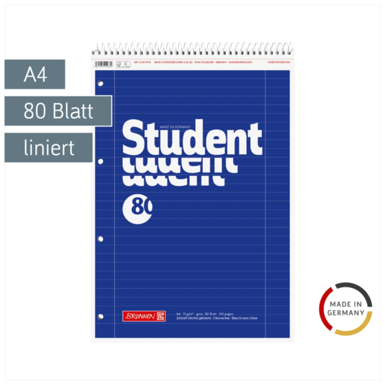 Collegeblock Student Spirale oben | A4, Lineatur 27, 80 Blatt, blau