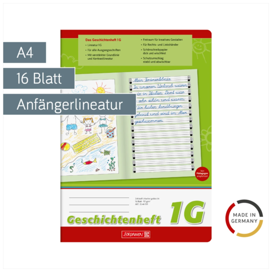 Geschichtenheft | A4, Lineatur 1G, 16 Blatt, grün