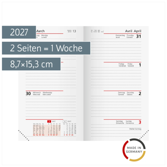 Wochen-Ersatzkalendarium Mod. Taschenplaner int. 2027 | 8,7×15,3 cm, Karton, weiß