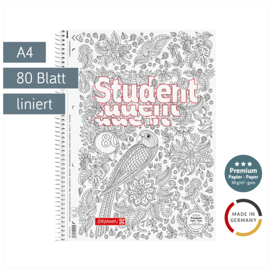 Collegeblock Premium Student „Papagei“ ZENart | A4, Lineatur 27, 80 Blatt, weiß