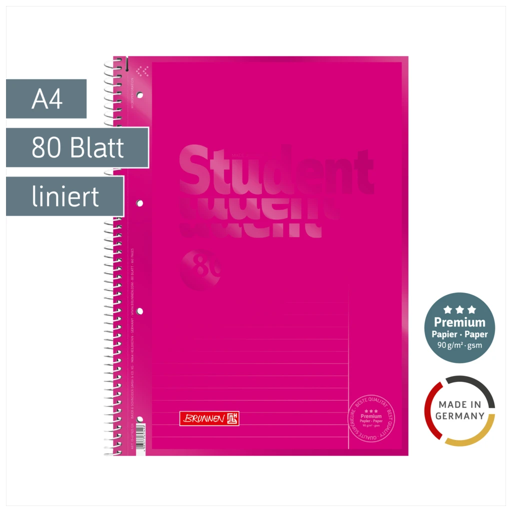 Collegeblock Premium Student Colour Code, A4, 80 Blatt / 160 Seiten, Lineatur 25, pink