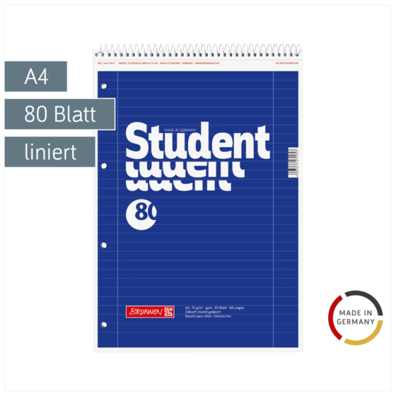 Collegeblock Student Spirale oben | A4, Lineatur 27, 80 Blatt, blau