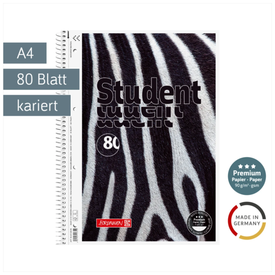 Collegeblock Premium Student „Zebra“ | A4, Lineatur 28, 80 Blatt, weiß/schwarz