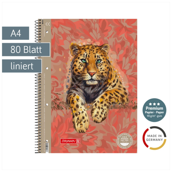 Collegeblock Premium „Leopard“ Safari World | A4, Lineatur 27, 80 Blatt, orange/braun