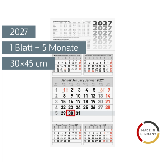 5-Monatskalender 2027 | 30×58,5 cm
