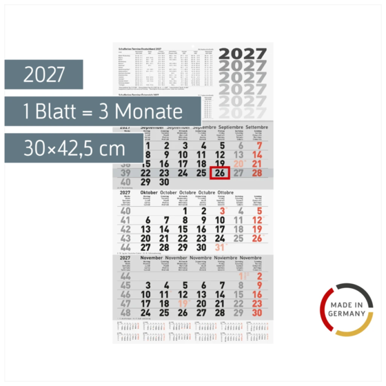 3-Monatskalender 2027 | grau, 30×56 cm