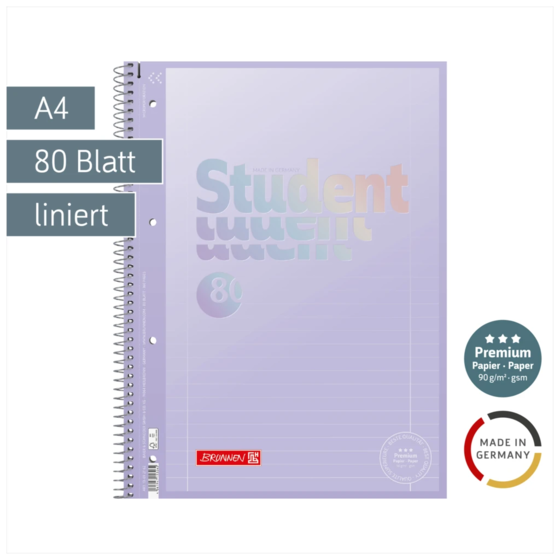 Collegeblock Premium Student „Pastell“ | A4, Lineatur 27, 80 Blatt, pastelllila