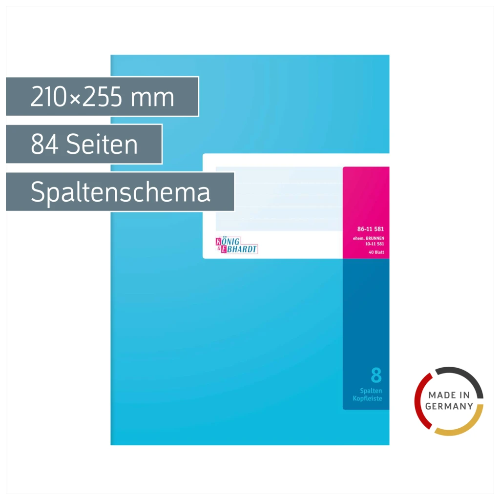 Spaltenbuch mit Kopfleiste | 210×255 mm, 84 Seiten, 8 Spalten, Karton, magenta/hellblau