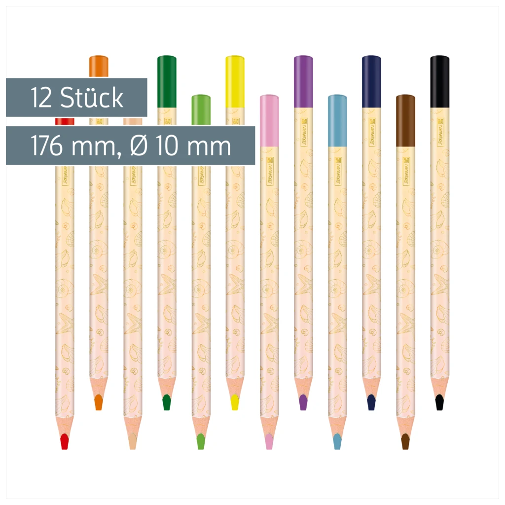 Dicke-Buntstifte-Set Sunny Ocean | Dreikantform, gold/mehrfarbig, pastell, 12 Stück