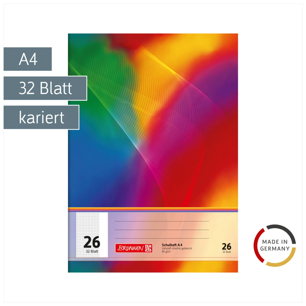 Schulheft | A4, Lineatur 26, 32 Blatt, mehrfarbig