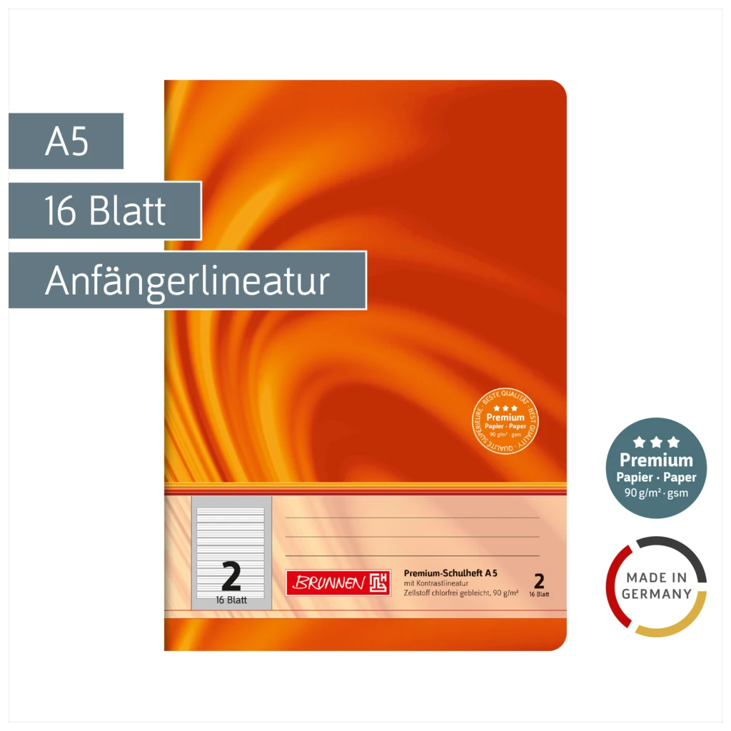 Schulheft Premium Vivendi | A5, Lineatur 2, 16 Blatt, orange