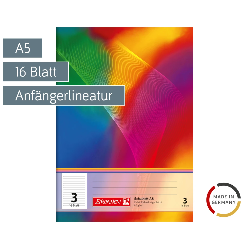 Schulheft | A5, Lineatur 3, 16 Blatt, mehrfarbig