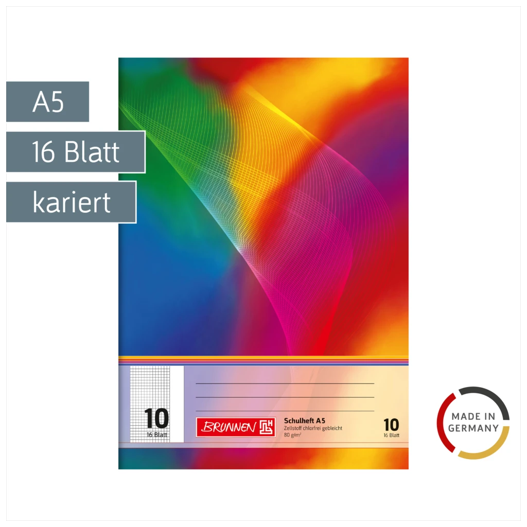 Schulheft | A5, Lineatur 10, 16 Blatt, mehrfarbig