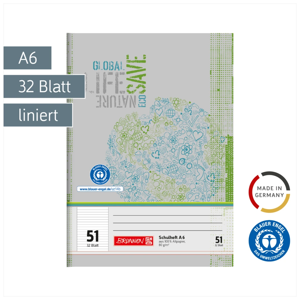 Schulheft Recycling | A6, Lineatur 51, 32 Blatt, grün/grau