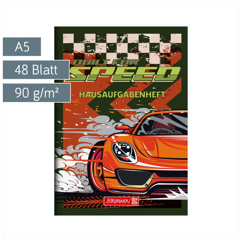 Hausaufgabenheft Fast Wheels | A5, 48 Blatt, grün/mehrfarbig