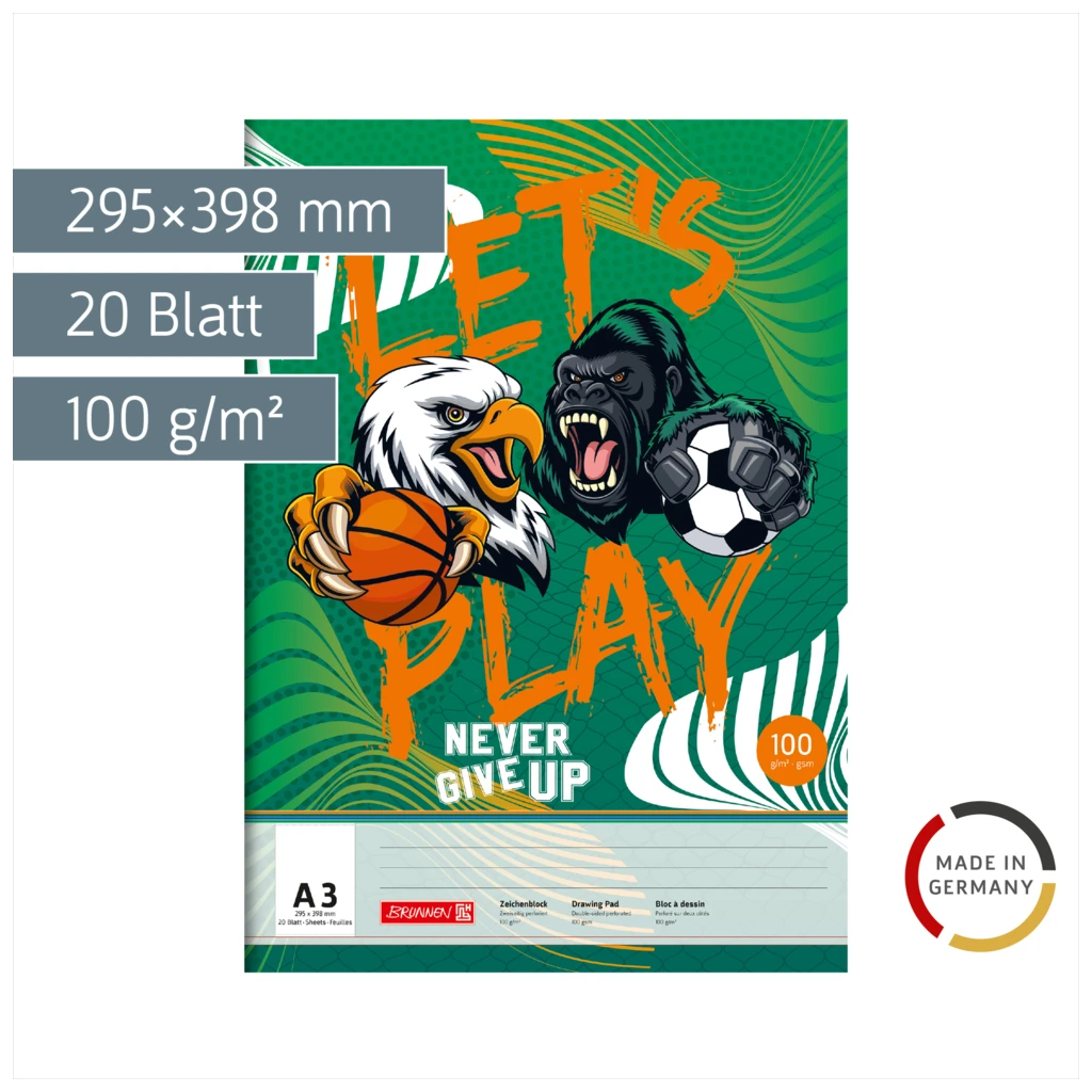 Zeichenblock Sporty Animals | A3, 20 Blatt, grün/mehrfarbig