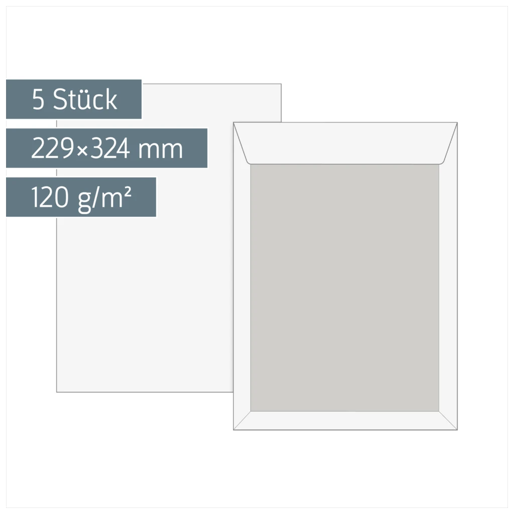 Versandtaschen mit Kartonrückwand | 229×324 mm, C4, 120 g/m², weiß, 5 Stück