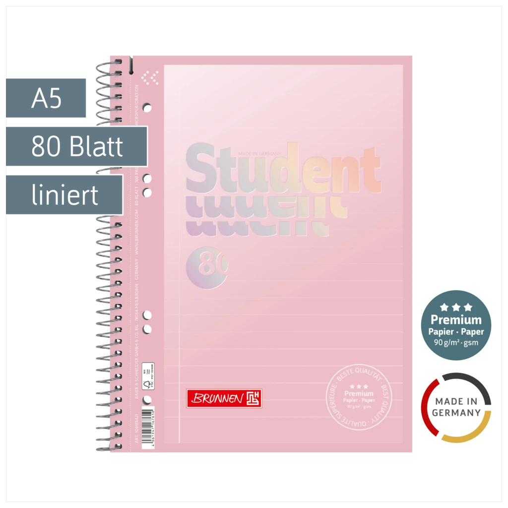 Collegeblock Premium Student „Pastell“ | A5, Lineatur 4, 80 Blatt, pastellrosa