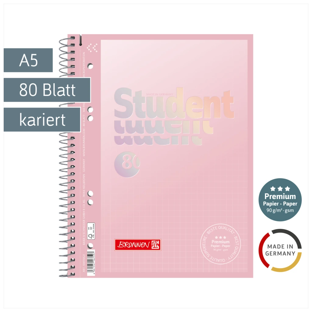 Collegeblock Premium Student „Pastell“ | A5, Lineatur 5, 80 Blatt, pastellrosa