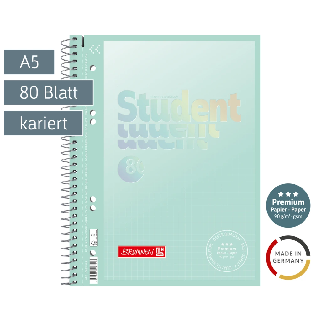 Collegeblock Premium Student „Pastell“ | A5, Lineatur 5, 80 Blatt, pastellmint