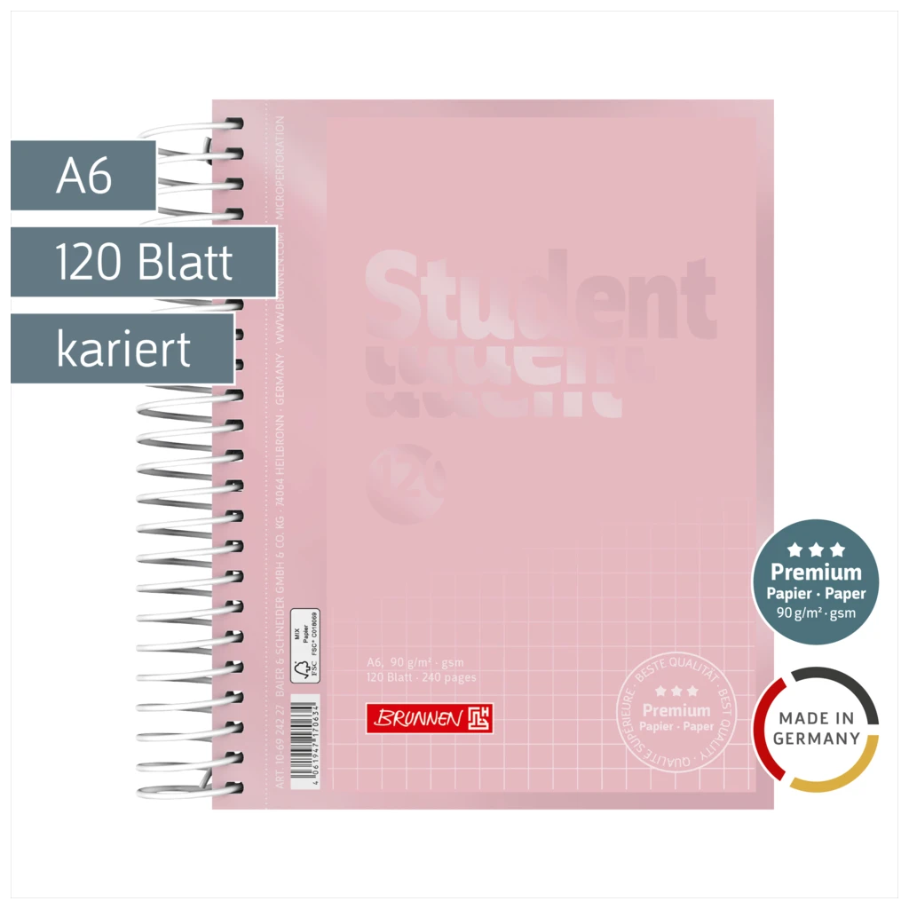 Collegeblock Premium Student Colour Code | A6, kariert, 120 Blatt, rose