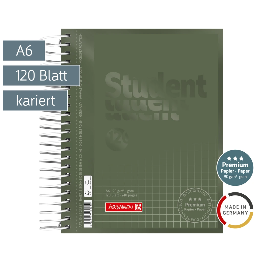 Collegeblock Premium Student Colour Code | A6, kariert, 120 Blatt, olive