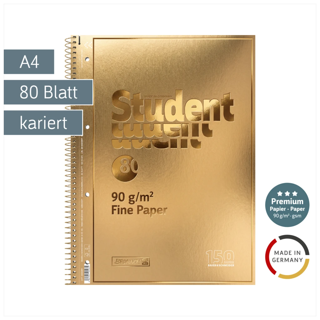 Collegeblock Premium Student „Gold“ | A4, Lineatur 28, 80 Blatt, gold
