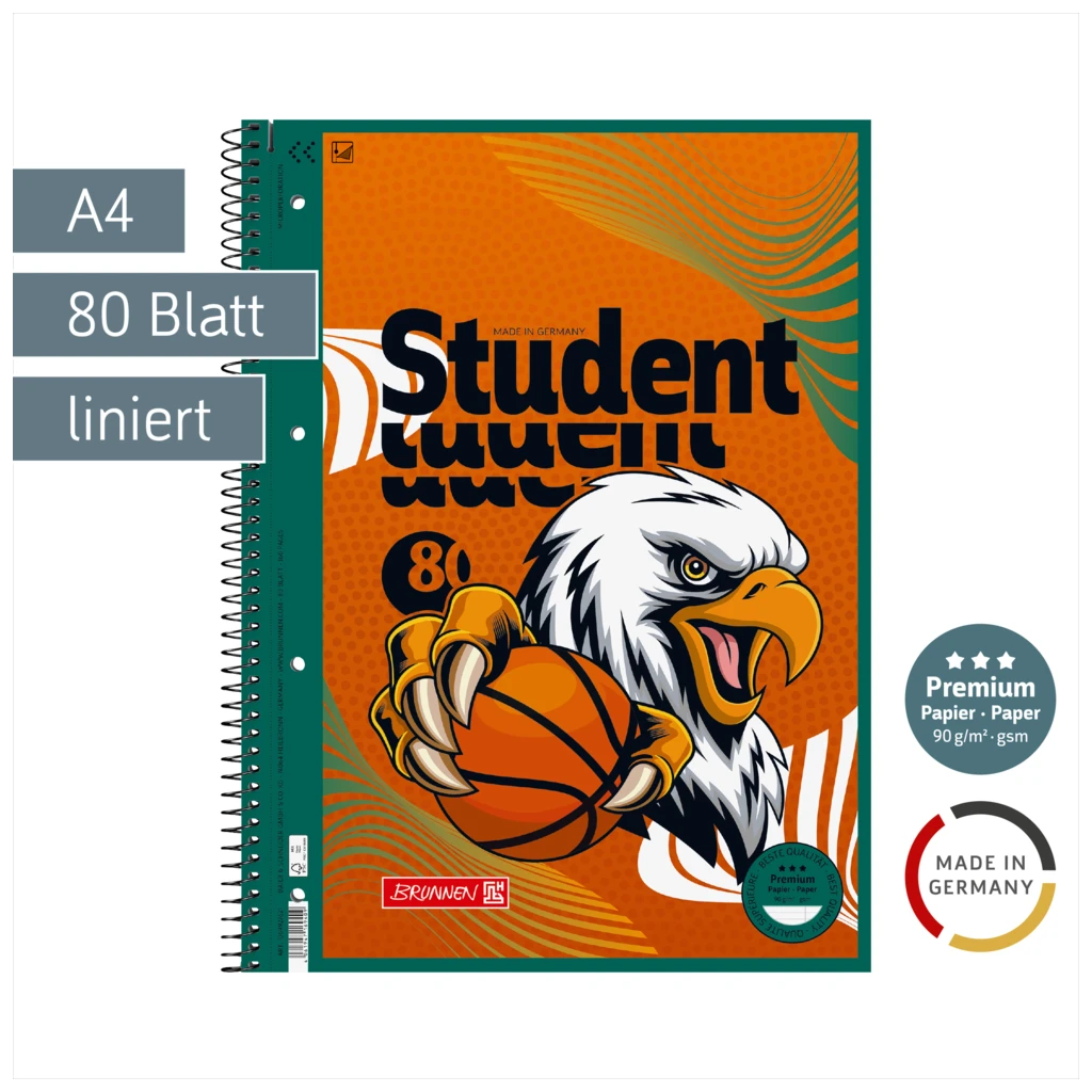 Collegeblock Premium Student Sporty Animals | A4, Lineatur 27, 80 Blatt, orange/mehrfarbig