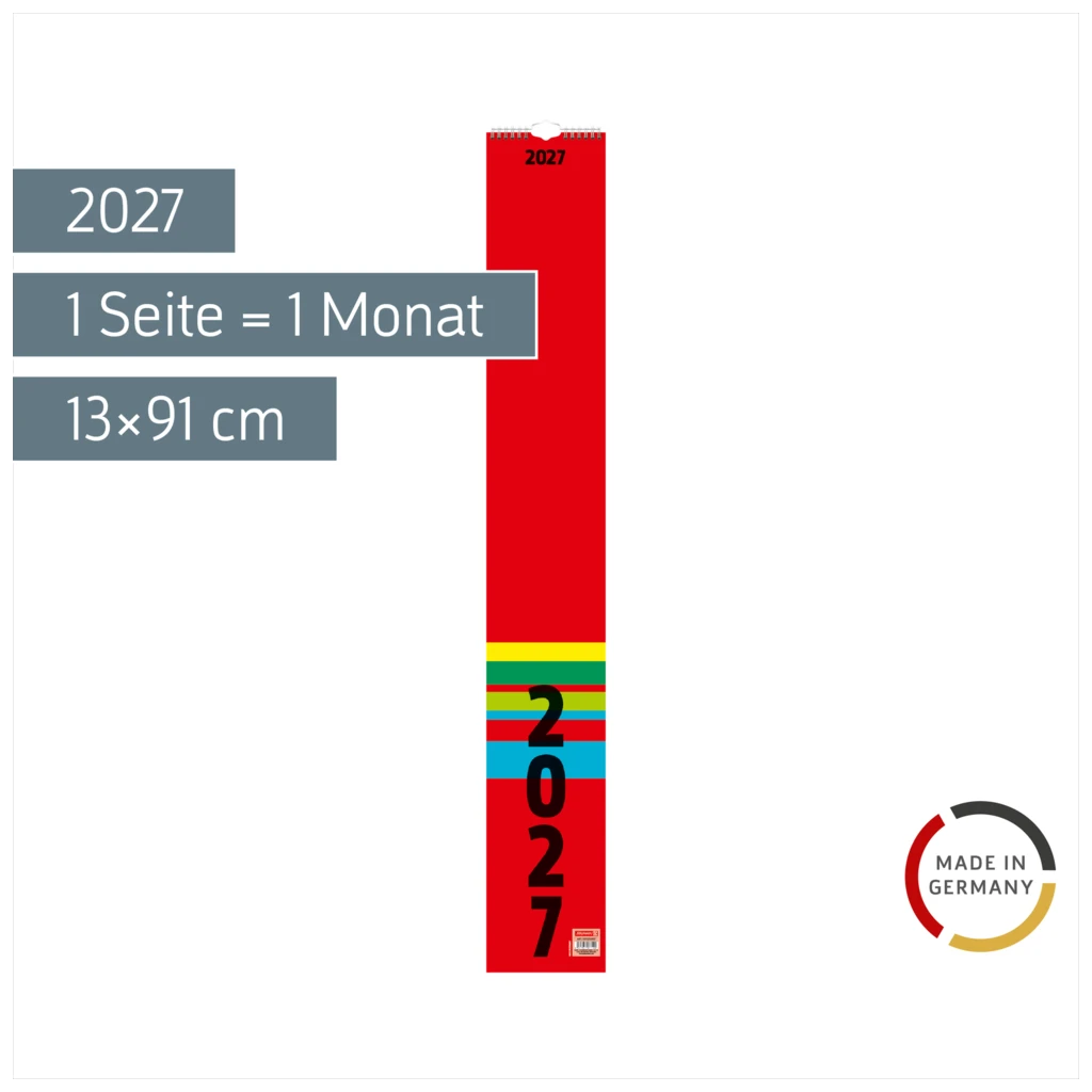 Streifenkalender 2027 | 13×91 cm, rot