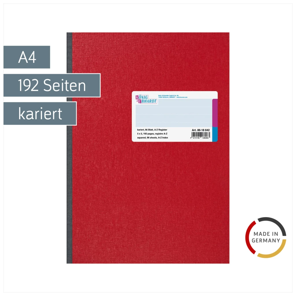 Kladde | A4, 192 Seiten, kariert, Karton, rot